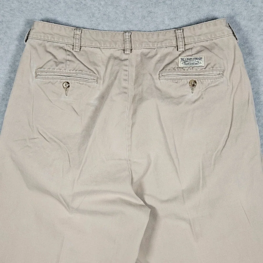 Vintage Polo Jeans Company Mens 36x32 Tan Pants Chino Pleated Khaki (Fits 34x31)